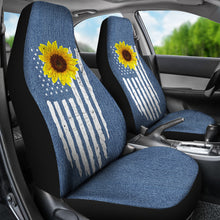 Load image into Gallery viewer, Distressed American Flag With Rustic Sunflower on Light Blue Denim Style Car Seat Covers