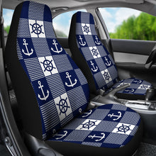 Load image into Gallery viewer, Navy Blue and White Nautical and Chevron Pattern Patchwork Car Seat Covers Set of 2