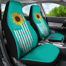 Load image into Gallery viewer, Teal With Distressed American Flag and Sunflower Car Seat Covers Set