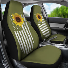 Load image into Gallery viewer, Army Green With Distressed American Flag and Sunflower Car Seat Covers Set
