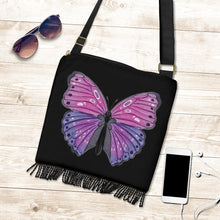 Load image into Gallery viewer, Black With Pink and Purple Watercolor Butterfly Boho Style Bag With Fringe