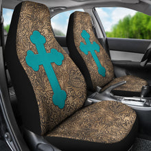 Load image into Gallery viewer, Brown Tooled Leather Car Seat Covers Set With Turquoise Cross