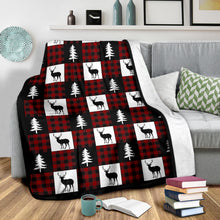 Load image into Gallery viewer, Black, White and Red Buffalo Plaid With Buck and Pine Tree Patchwork Pattern Fleece Throw Blanket