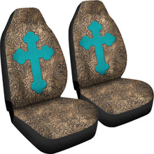 Load image into Gallery viewer, Brown Tooled Leather Car Seat Covers Set With Turquoise Cross
