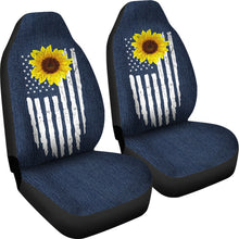 Load image into Gallery viewer, Distressed American Flag With Rustic Sunflower on Dark Blue Jean Faux Denim Style Car Seat Covers