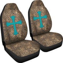 Load image into Gallery viewer, Brown Tooled Leather Design With Turquoise Suede Cross Printed Car Seat Covers Set