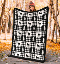 Load image into Gallery viewer, Black and White Buffalo Plaid With Deer and Pine Trees Pattern Fleece Throw Blanket
