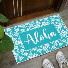 Load image into Gallery viewer, Aloha Hawaiian Hibiscus Teal and White Door Mat Welcome Mat