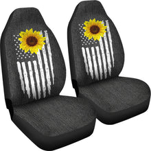Load image into Gallery viewer, Distressed American Flag With Rustic Sunflower on Dark Gray Faux Denim Style Car Seat Covers