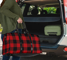 Load image into Gallery viewer, Red and Black Buffalo Plaid Travel Bag Duffel Bag With Vegan Leather Handles