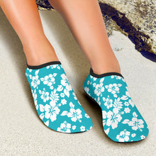 Load image into Gallery viewer, Teal and White Hibiscus Hawaiian Pattern Water Shoes