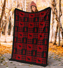 Load image into Gallery viewer, Red and Black Buffalo Plaid Deer Buck Pine Tree Patchwork Pattern Fleece Throw Blanket