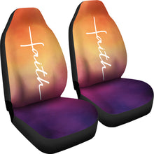 Load image into Gallery viewer, Faith Word Cross In White On Orange and Purple Ombre Car Seat Covers Religious Christian Themed