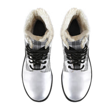 Load image into Gallery viewer, Gray and White Plaid Faux Fur Lined Vegan Leather Boots With White Toe