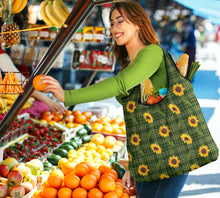 Load image into Gallery viewer, Green Plaid With Sunflower Pattern Grocery Shopping Bag Pack of 3