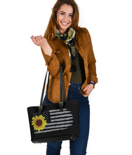 Load image into Gallery viewer, Distressed American Flag With Sunflower Vegan Leather Tote Bag