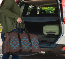 Load image into Gallery viewer, Brown Faux Suede and Blue Tribal Design Travel Bag Duffel With Black Faux Leather Handles