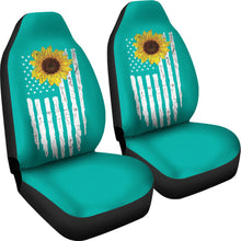 Load image into Gallery viewer, Teal With Distressed American Flag and Sunflower Car Seat Covers Set