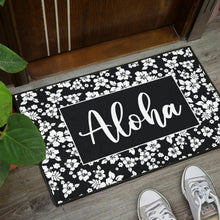 Load image into Gallery viewer, Aloha Black and White Hibiscus Hawaiian Pattern Door Mat