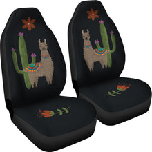 Load image into Gallery viewer, Brown Llama Car Seat Covers Chalky Style Cactus and Flower Design Printed on Black Fabric