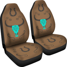 Load image into Gallery viewer, Turquoise Cow Skull on Brown Faux Suede Car Seat Covers
