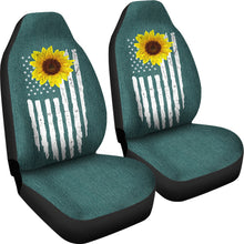 Load image into Gallery viewer, Distressed American Flag With Rustic Sunflower on Teal Faux Denim Style Car Seat Covers