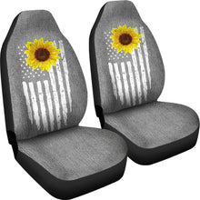 Load image into Gallery viewer, Distressed American Flag With Rustic Sunflower on Light Gray Denim Style Car Seat Covers