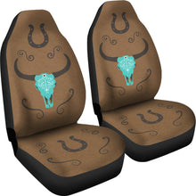 Load image into Gallery viewer, Turquoise Boho Cow Skull on Faux Brown Suede Car Seat Covers