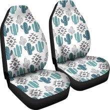 Load image into Gallery viewer, Teal and Gray Boho Cactus Pattern On White Car Seat Covers Set of 2