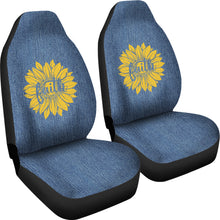 Load image into Gallery viewer, Faith Sunflower on Rustic Light Blue Faded Faux Denim Style Background Car Seat Covers