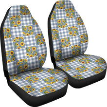 Load image into Gallery viewer, Faded Denim Blue Buffalo Plaid and Sunflowers Patchwork Pattern Car Seat Covers Set