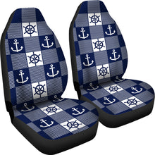 Load image into Gallery viewer, Navy Blue and White Nautical and Chevron Pattern Patchwork Car Seat Covers Set of 2