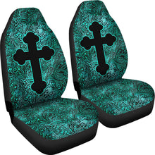 Load image into Gallery viewer, Turquoise Tooled Leather Style Car Seat Covers With Catholic Style Christian Cross