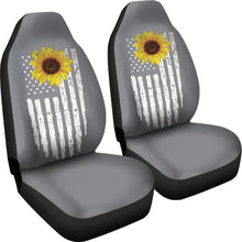Load image into Gallery viewer, Gray With Distressed American Flag and Sunflower Car Seat Covers Set