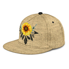 Load image into Gallery viewer, Boho Sunflower Dreamcatcher on Faux Burlap Style Snapback Hat