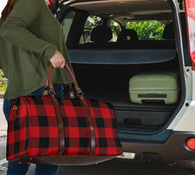 Load image into Gallery viewer, Red and Black Buffalo Plaid Travel Bag, Duffel Bag With Brown Faux Leather Handles