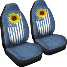 Load image into Gallery viewer, Distressed American Flag With Rustic Sunflower on Light Blue Denim Style Car Seat Covers