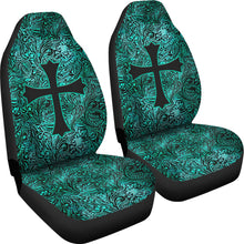 Load image into Gallery viewer, Turquoise Tooled Leather Style Pattern Car Seat Covers With Christian Cross