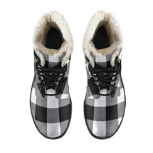 Load image into Gallery viewer, Black and White Buffalo Plaid Faux Fur Lined Vegan Leather Boots