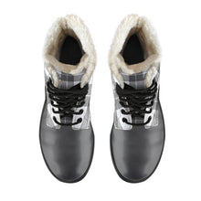 Load image into Gallery viewer, Gray and White Plaid Faux Fur Lined Vegan Leather Boots With Gray Toe