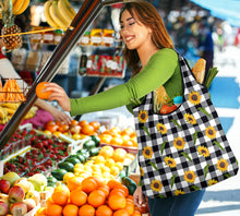 Load image into Gallery viewer, Sunflower Pattern on Black and White Buffalo Plaid Reusable Grocery Shopping Bags