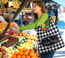 Load image into Gallery viewer, Black and White Buffalo Plaid Farm Fresh Grocery Bags Set of 3