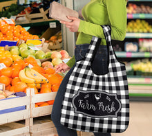 Load image into Gallery viewer, Black and White Buffalo Plaid Farm Fresh Grocery Bags Set of 3