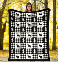 Load image into Gallery viewer, Black and White Buffalo Plaid With Deer and Pine Trees Pattern Fleece Throw Blanket