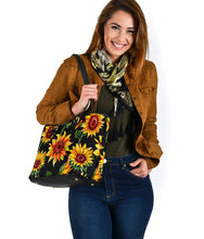 Load image into Gallery viewer, Sunflowers on Black Vegan Leather Tote Bag