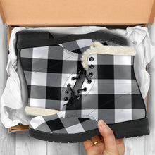 Load image into Gallery viewer, Black and White Buffalo Plaid Faux Fur Lined Vegan Leather Boots