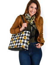 Load image into Gallery viewer, Black White Buffalo Plaid With Sunflowers Tote Bags