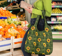 Load image into Gallery viewer, Green Plaid With Sunflower Pattern Grocery Shopping Bag Pack of 3