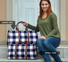 Load image into Gallery viewer, Navy Blue and White Buffalo Plaid Pattern Travel Bag Duffel Bag