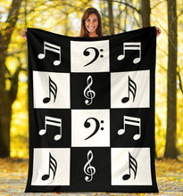 Load image into Gallery viewer, Black and White Large Checkered Music Notes Pattern Fleece Throw Blanket